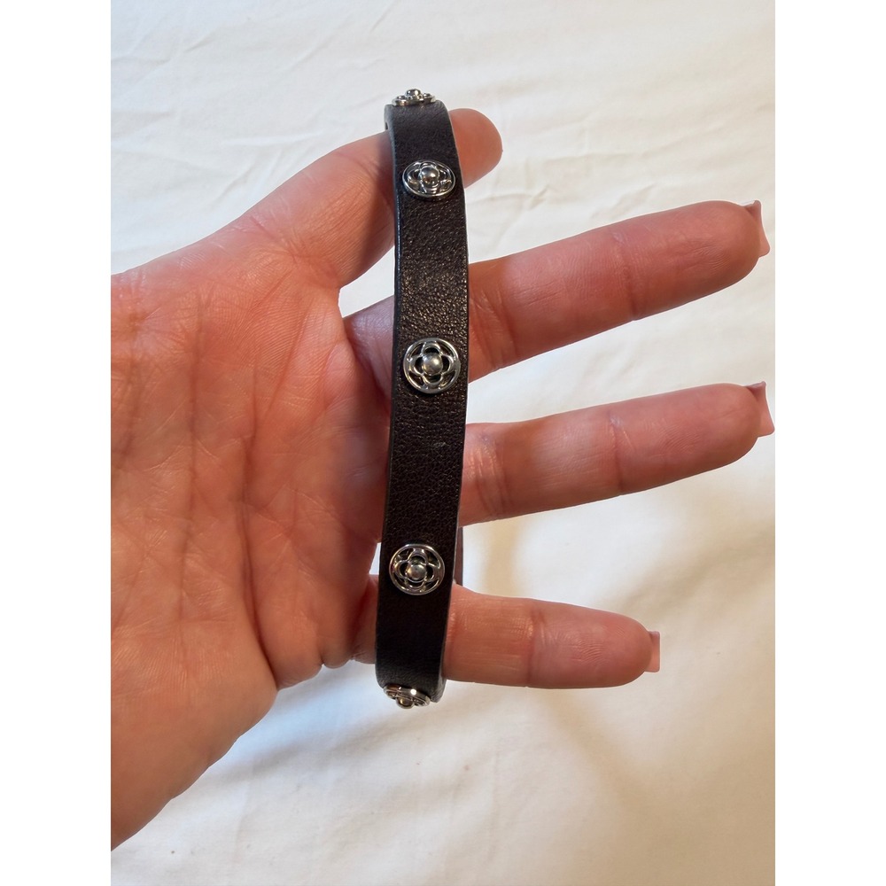 Black Leather Silver Floral Studded Wrap Bracelet Choker Necklace